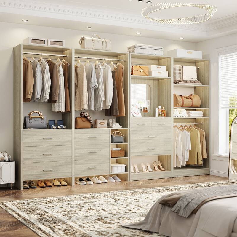 Cimly Set of 4 Closet Organizer with Drawers and Mirror, Freestanding Closet System with Hanging Rods - Washed Oak