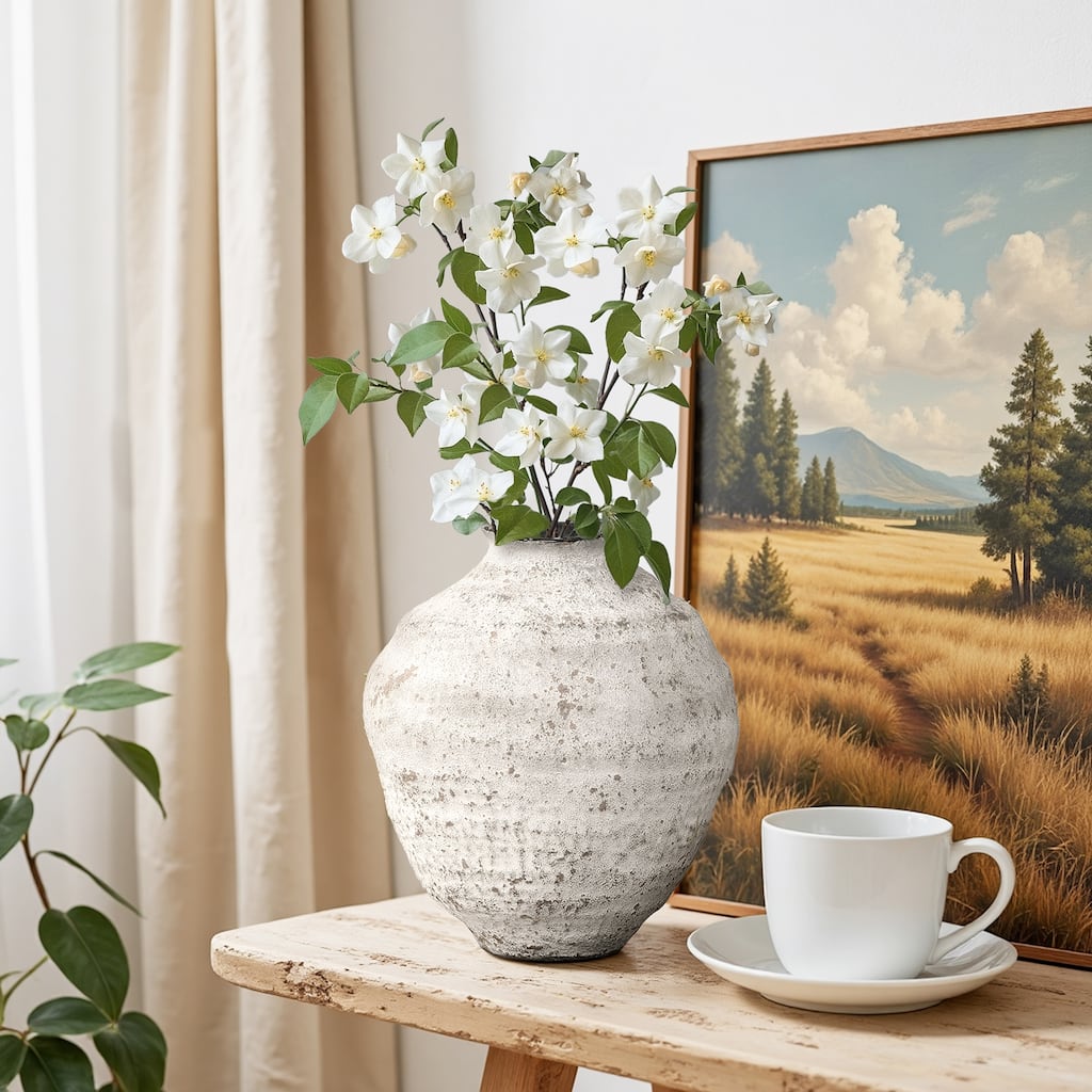 11.54" Rustic Gray Round Ceramic Vase, Textured Accent for Home Decor