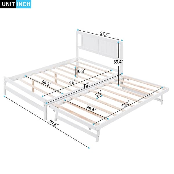 Full Size Platform Bed with Adjustable Trundle and Headboard, White