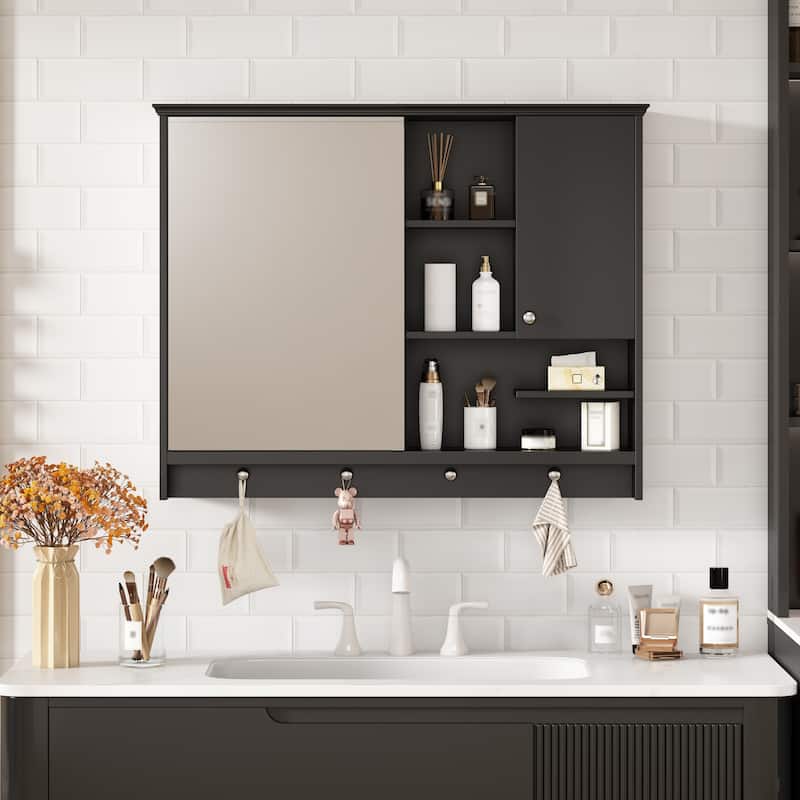 Roomfitters 36" Wall Mounted Medicine Cabinet, Mirror Cabinet with Adjustable Shelf, Bathroom Storage Organizer - Black