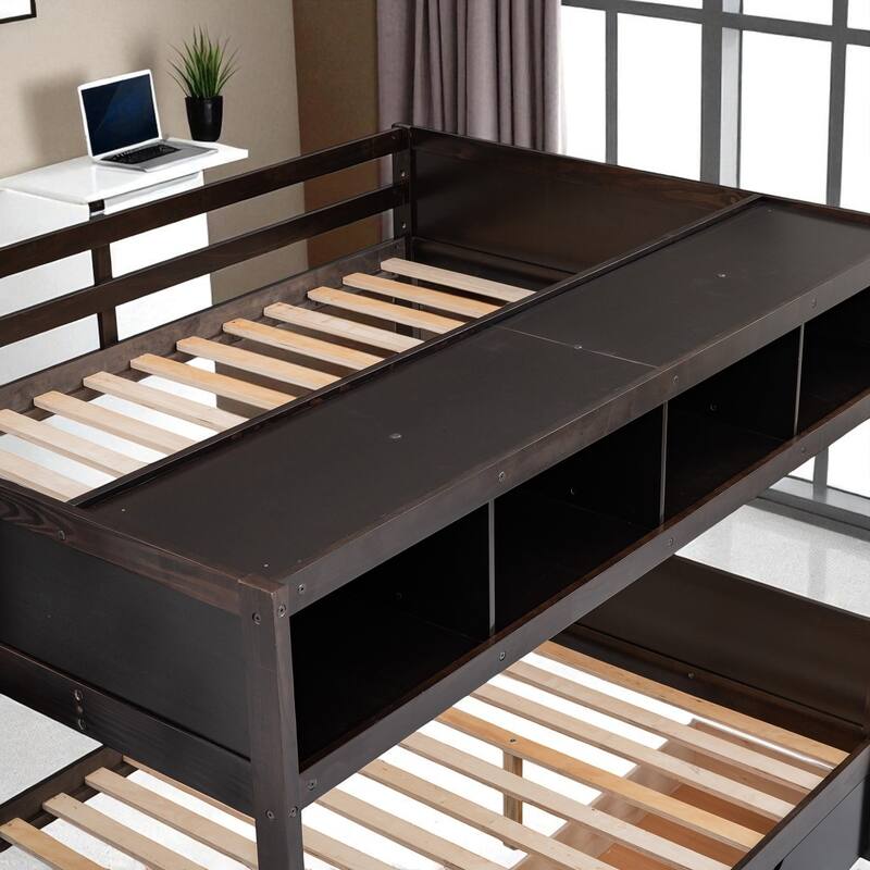 Twin Over Full Bunk Bed with Storage Staircase, Shelves and 2 Drawers, Solid Wood Frame for Kids