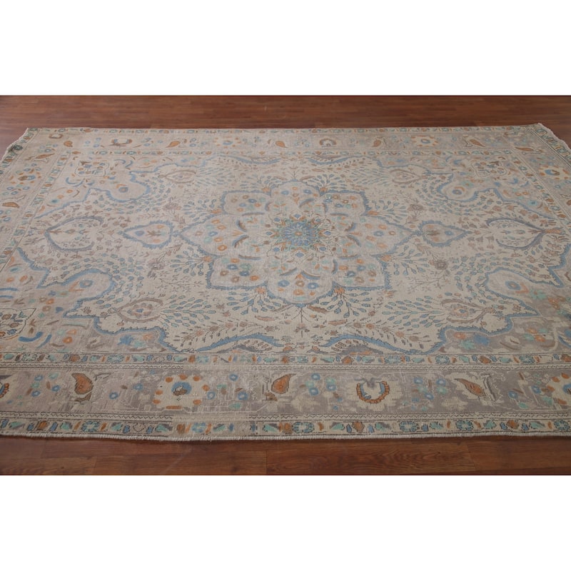 Antique Floral Distressed Tabriz Persian Rug Hand-knotted Wool Carpet - 6'8" x 10'0"
