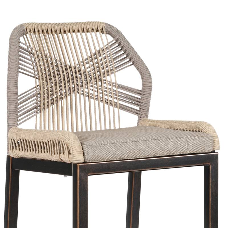 2 Set Modern Aluminum Twill Wicker Woven Outdoor Bar Stool Chair Set, Counter Height Stool with Back and Cushion - 40.6"H