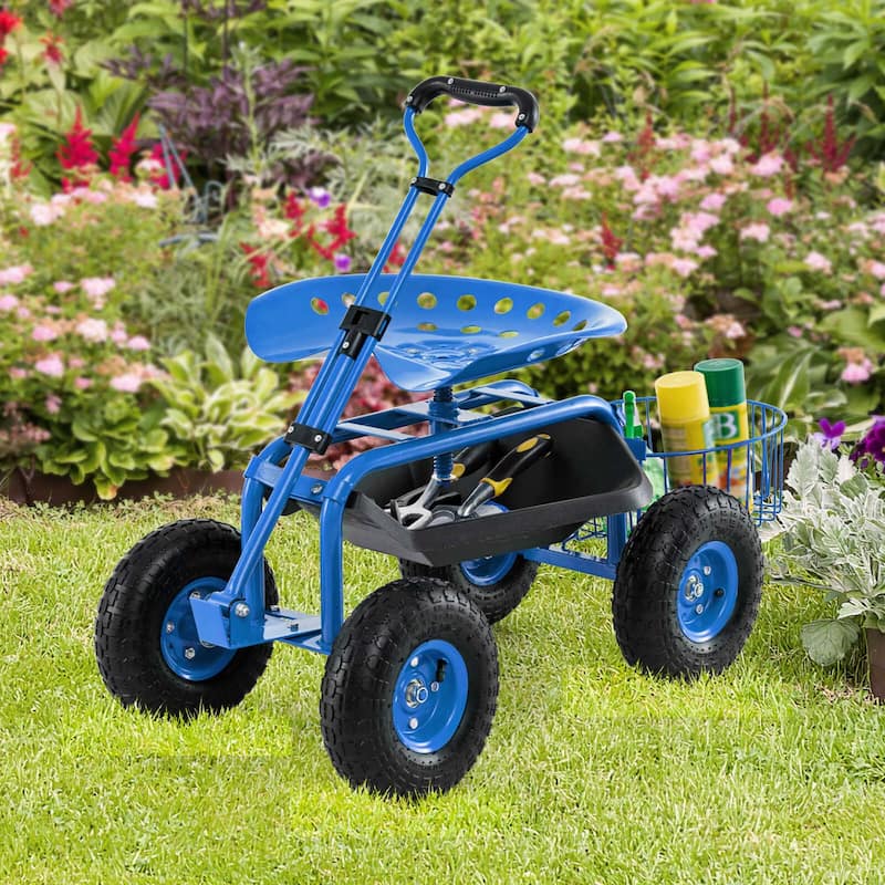 Costway Garden Cart Patio Wagon Roll Work Seat with Tray Basket - See Details