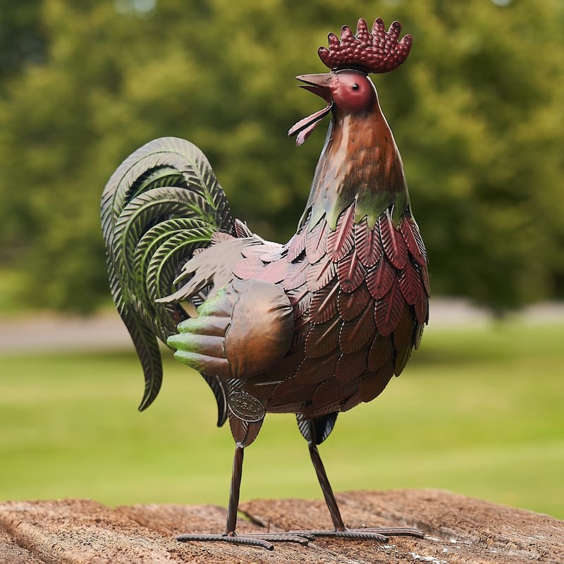 Burgundy and Green Iron Rooster with Head Turned