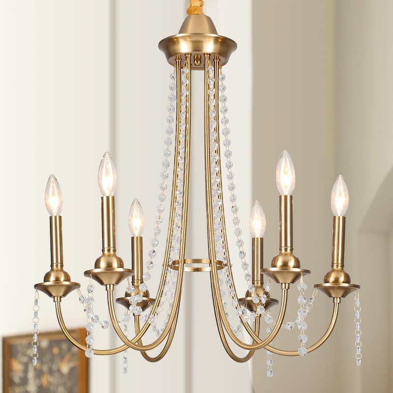 6-Light Vintage Small Candlestick Chandelier, Farmhouse Crystal Chandelier for Dining Room Living Room Bedroom Kitchen - Gold