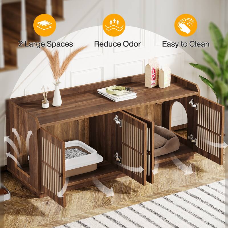 2 Cats Litter Box Enclosure, 55.1-Inch Extra Large Hidden Litter Box Furniture, Wooden XL Cat Washroom Furniture with Storage