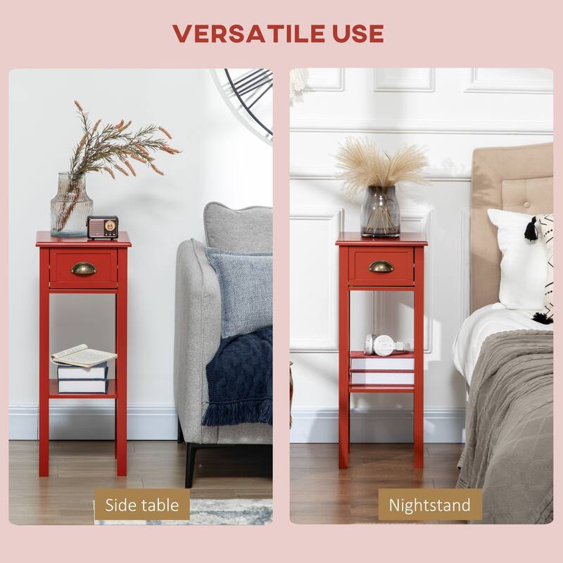 2-Tier Side Table with Drawer, Narrow End Table with Bottom Shelf, for Living Room or Bedroom, Red