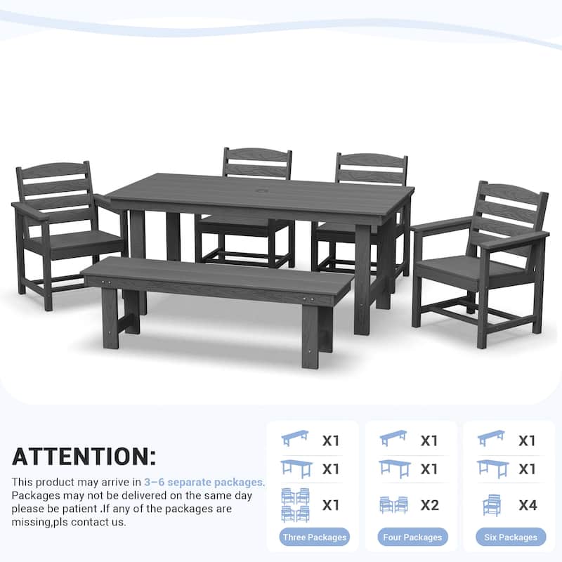 6-Piece HDPE Outdoor Dining Table Sets with Umbrella Hole - 1-Table 4-Chairs-1-Bench