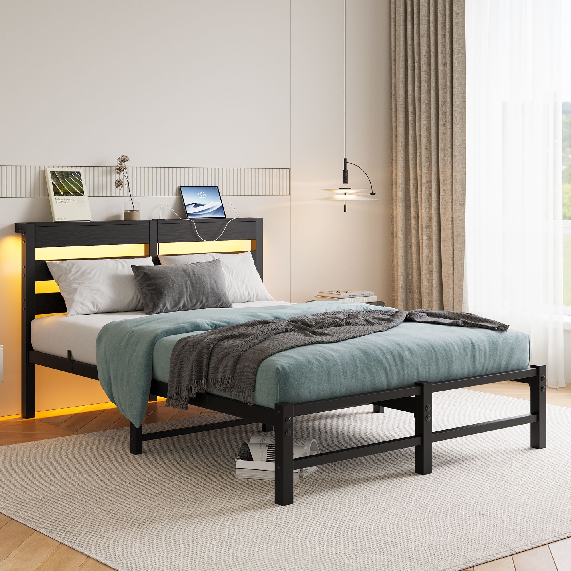 Metal Frame Platform Bed with USB Charging Station