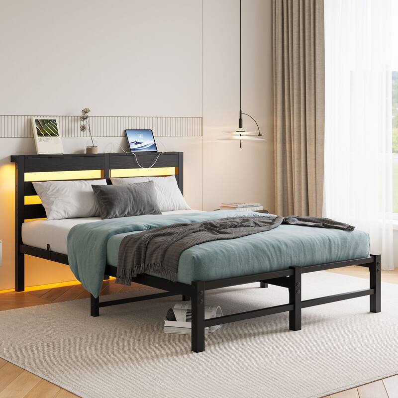 Metal Frame Platform Bed with USB Charging Station - Brown - Full