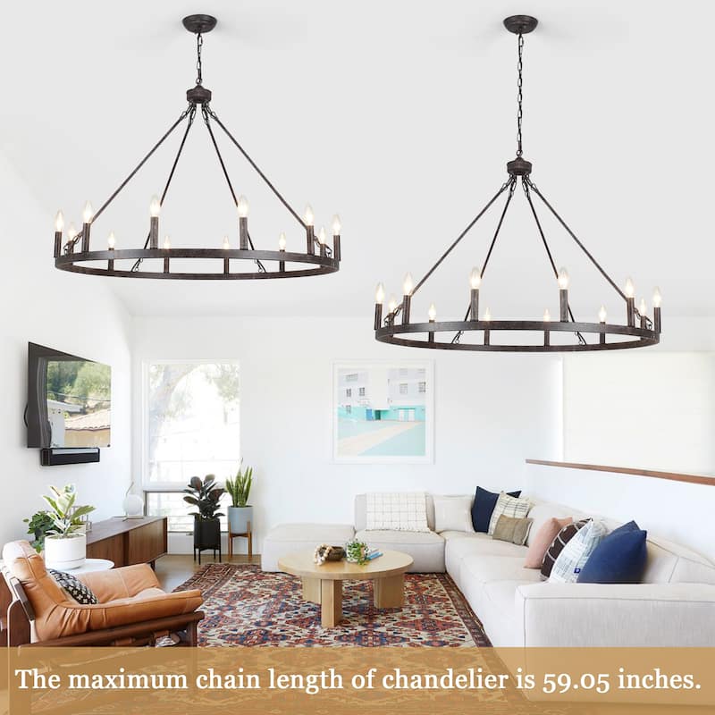 12-light Rustic Farmhouse Wagon Wheel Chandelier for Living Room - W37.99" x H90.55" - N/A