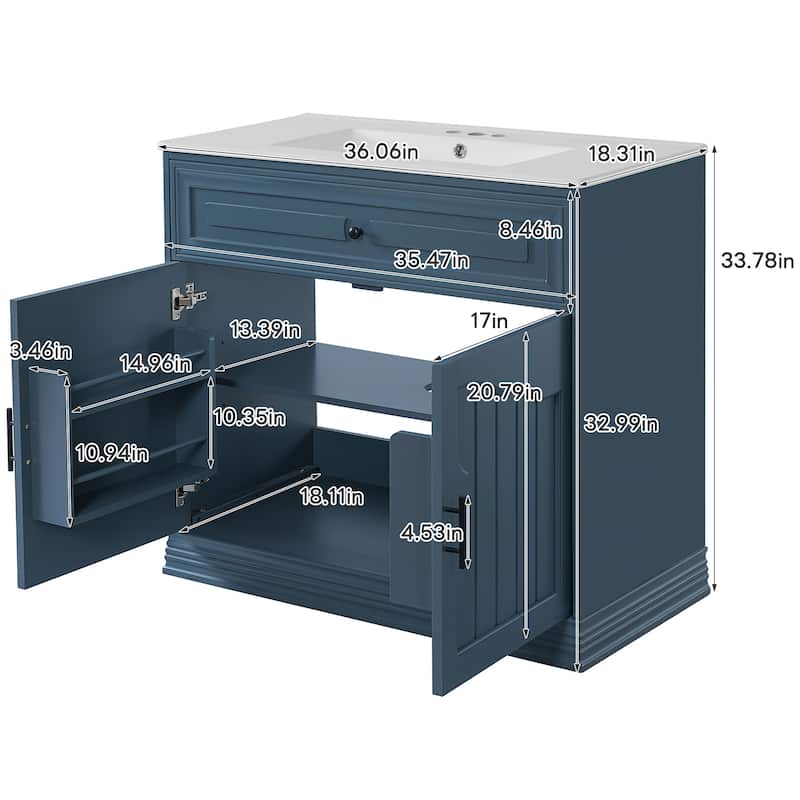 36" Bathroom Vanity with Ceramic Sink, Bathroom Storage Cabinet with 2 large Soft Closing Doors and Door Shelf