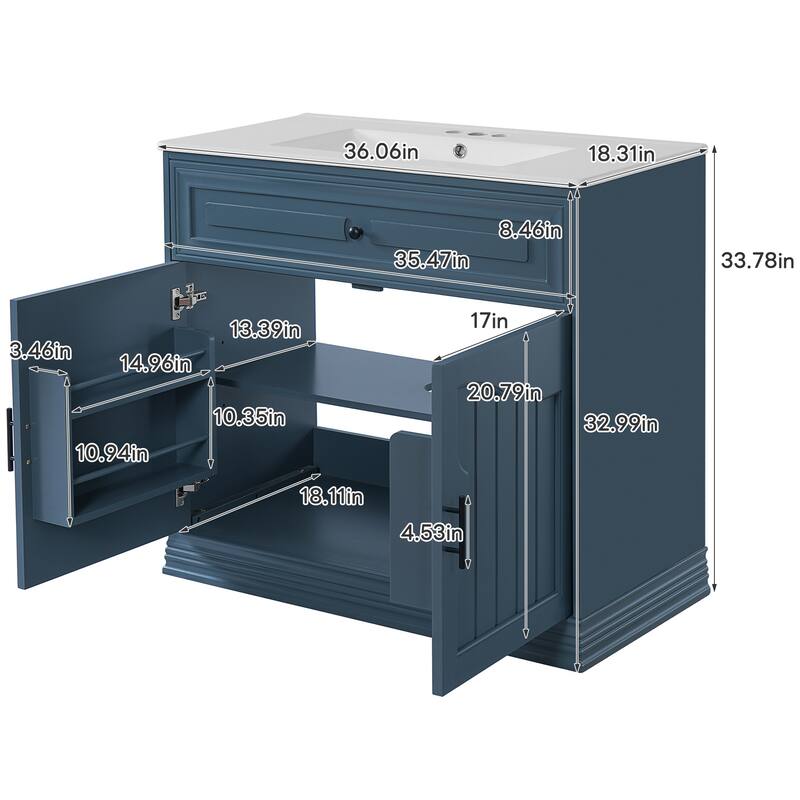 36 Inch Bathroom Vanity with Ceramic Sink,2 Large Soft Closing Doors