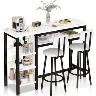 Compact White Faux Marble Bar Height Table and Chairs Set with PU ...