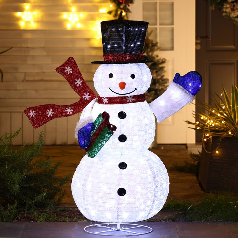 Snowman with Gift Lighted Winter Holiday Yard Decoration - White