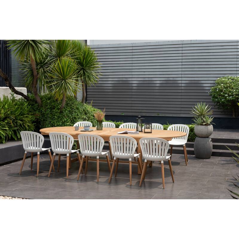 Amazonia Torrington 11pc Certified Teak Outdoor Patio Dining set - White Sidechair - Wood Legs