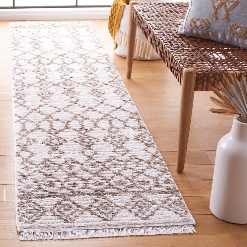 SAFAVIEH Augustine Teodosia Moroccan Boho Fringe Rug - 2' x 9' Runner - Taupe/Ivory