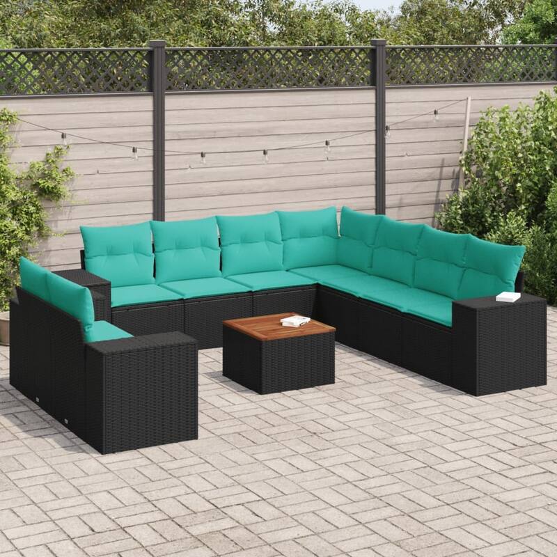 vidaXL 10 Piece Patio Sofa Set with Cushions Black Poly Rattan - 24.4 x 24.4 x 27.2