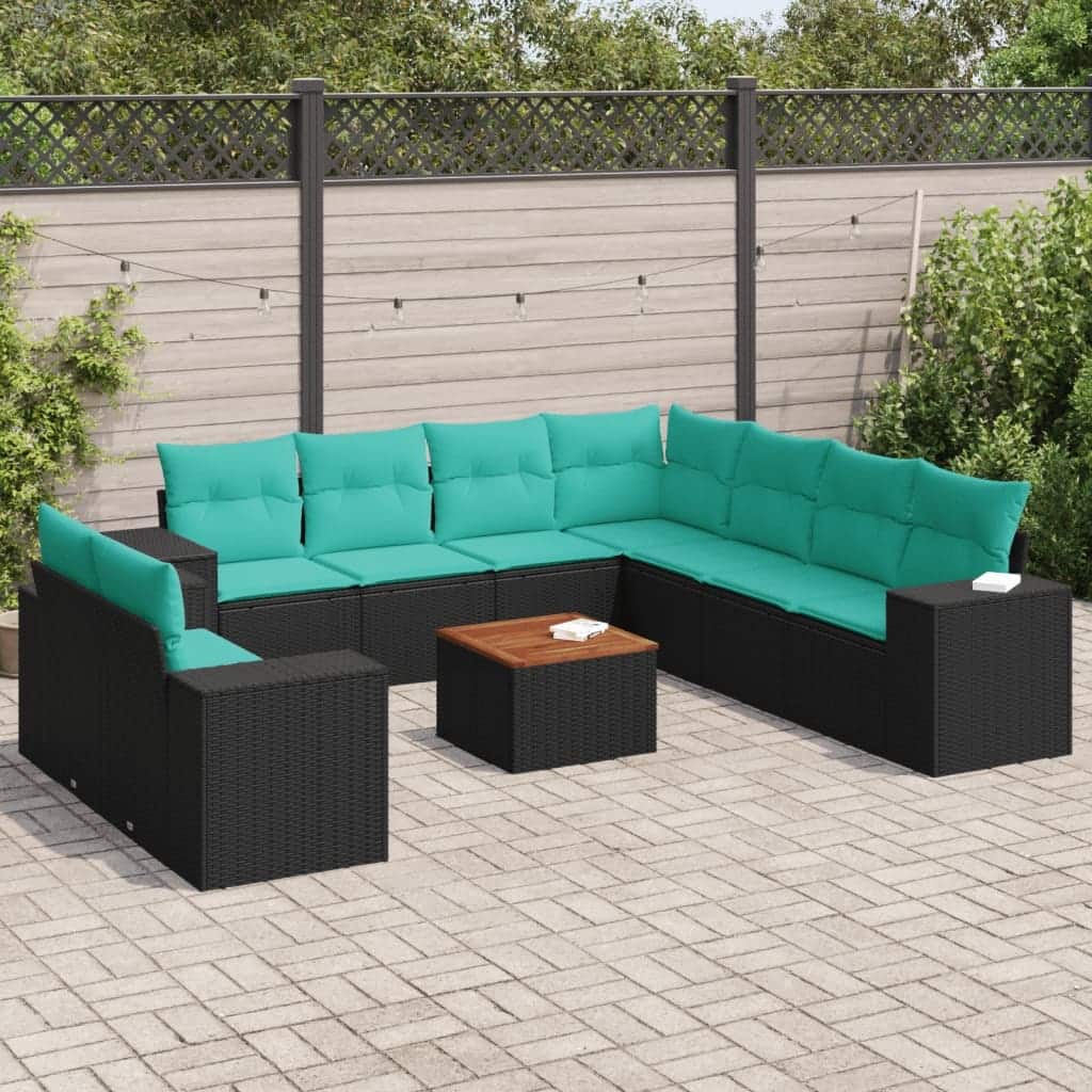 vidaXL 10 Piece Patio Sofa Set with Cushions Black Poly Rattan - 24.4 x 24.4 x 27.2