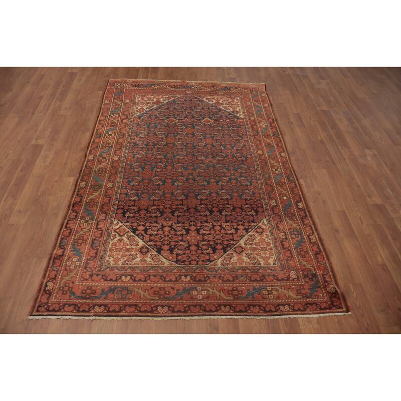 Hand Knotted Oriental 100% Wool Carpet Traditional Geometric Navy Blue & Blues Malayer Area Rug - 6' 8'' X 4' 4''