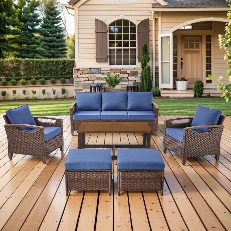 Pocassy Outdoor Club Chair with Cushion Set - Blue Cushion - Sofa with Club Chair Table Ottoman Set