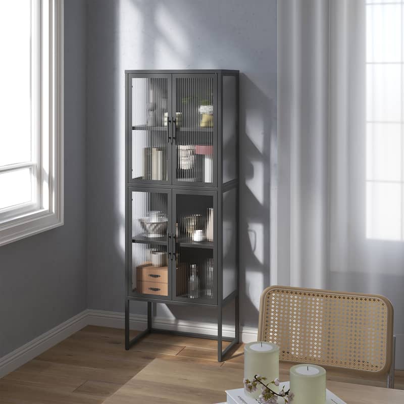 Benvolio 65.35-inch Black Four Door Metal Storage Cabinet with Fluted Clear Doors - 65.35