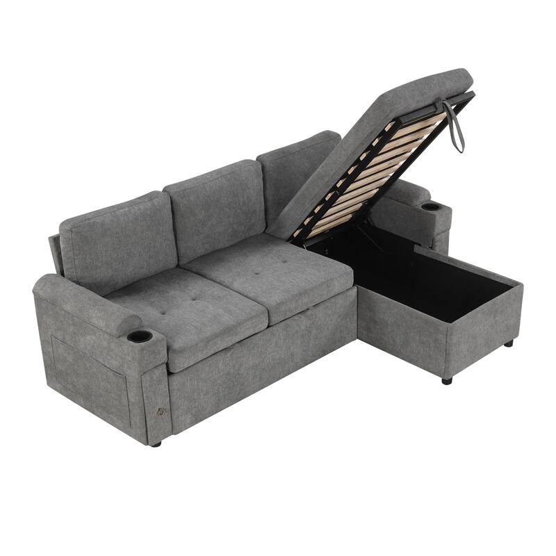 L-Shaped Convertible Sofa Bed with Reversible Chaise Lounge, Chenille Fabric Sectional Sofa with 2 Cup Holders & 2 USB Ports