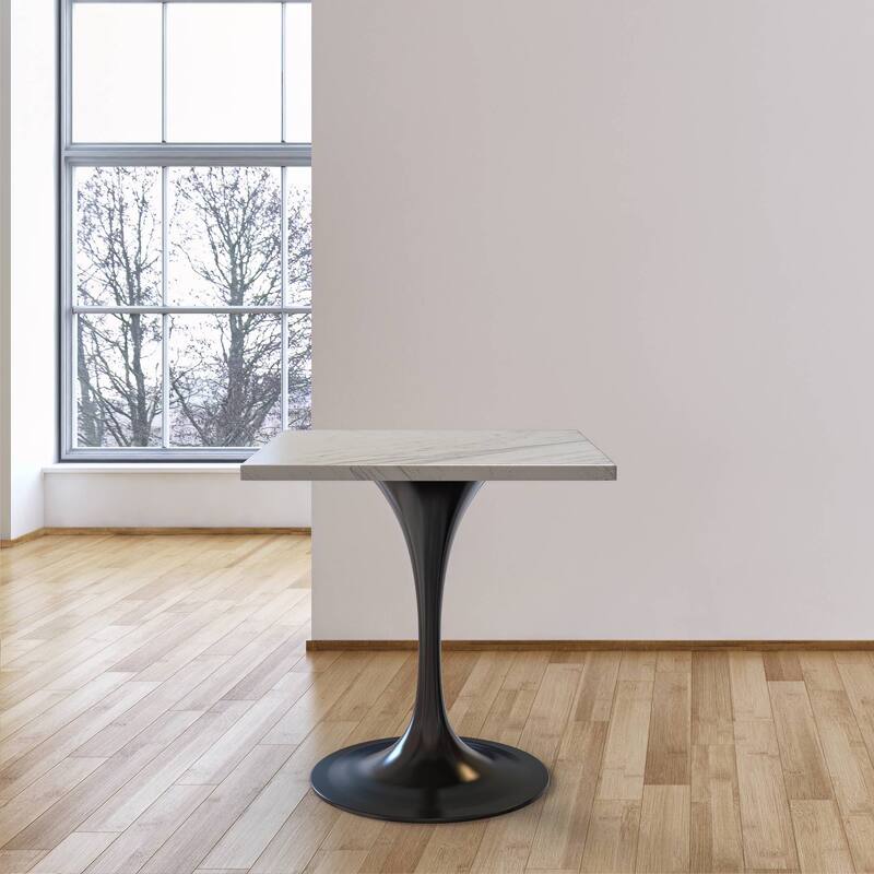LeisureMod Verve Square Dining Table with Resin Top and Black Steel Base for Kitchen and Dining Room