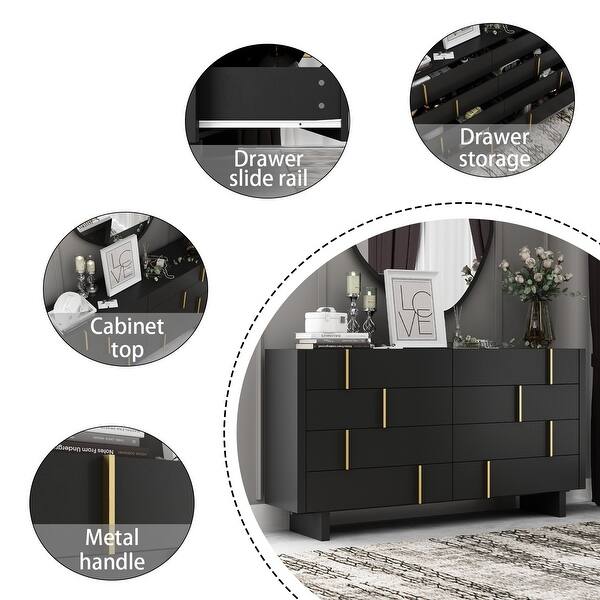 70.9" 9-Drawer Dresser with Gold Handles Black Wooden Storage Cabinet for Bedroom & Living Room