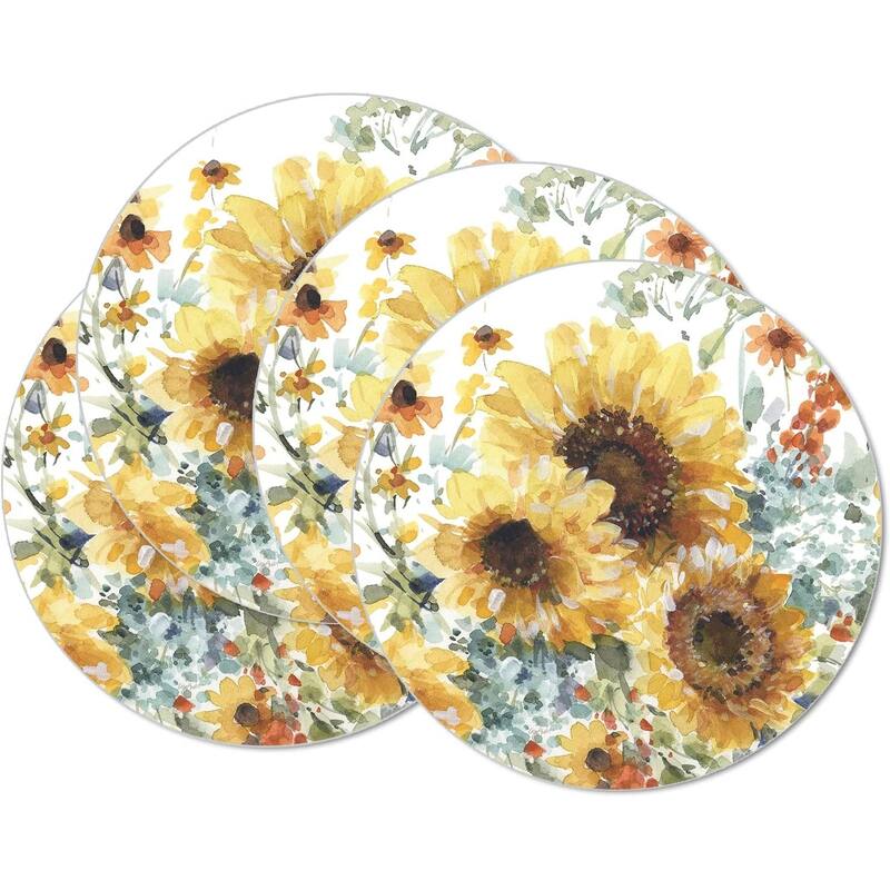 Sunflowers Forever Round Reversible Easy Care Flexible Plastic Placemat 4 Pack Made in The USA - Set of 4
