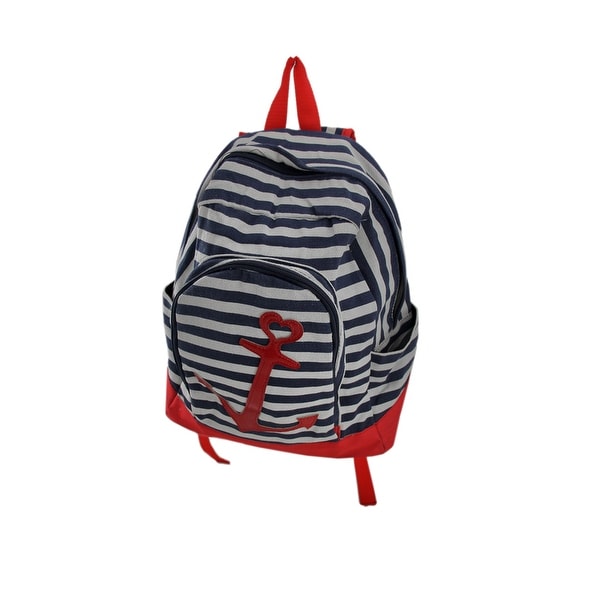 blue and white striped backpack
