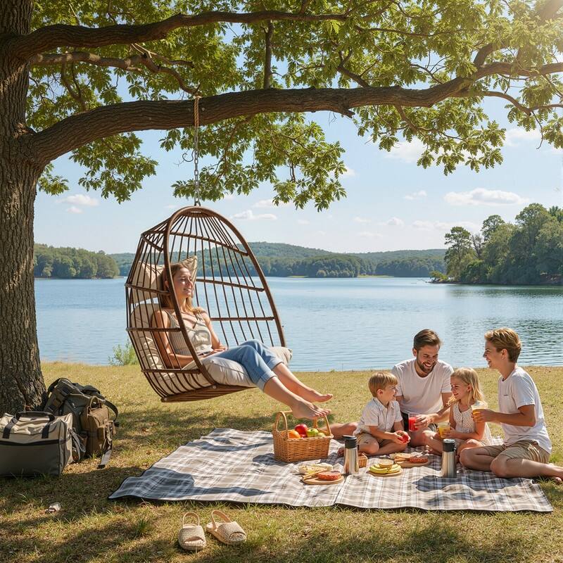 Outdoor Indoor Wicker Foldable Hanging Egg Chair Without Stand, Patio Swing Chair with Cushion, 350 lb Capacity