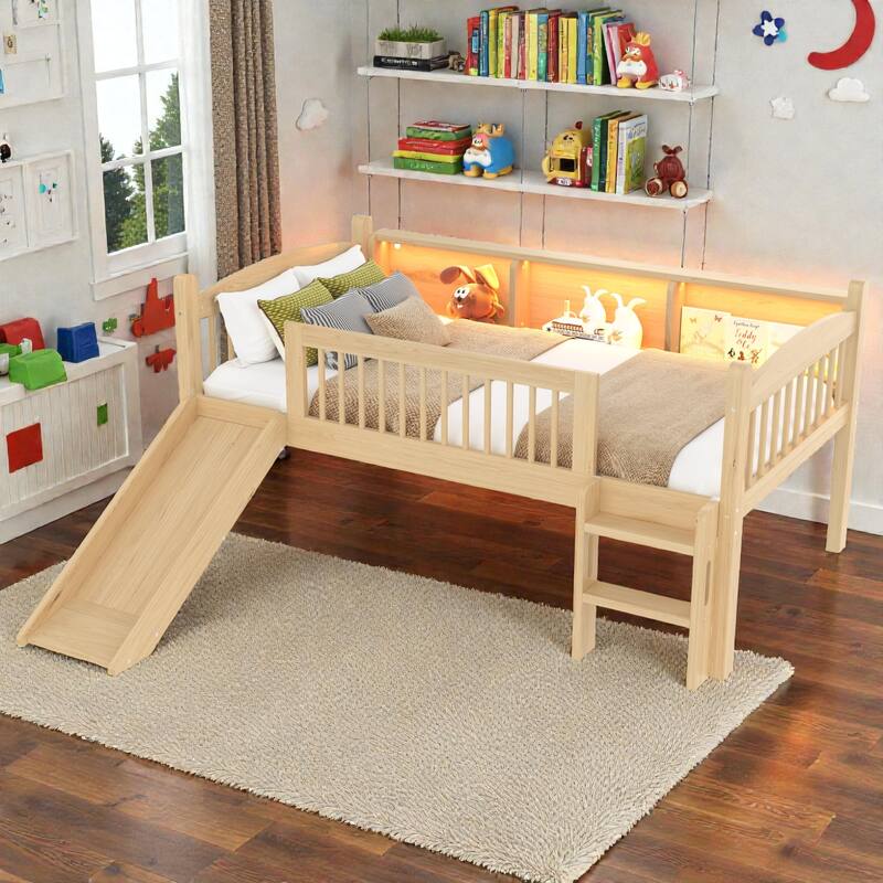 Twin XL/Twin Wood Loft Bed with Storage Shelves, LED Lights, Full-Length Guardrails & Solid Wood Frame, No Box Spring Needed - Natural - Twin