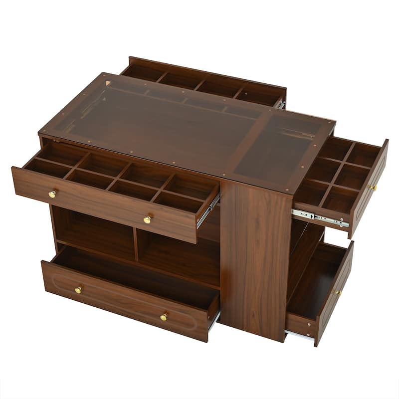 Closet Island with 6 Drawers, Wardrobe Armoire Bedroom Island with Glass Display Top and Open Shelves, Jewelry Storage