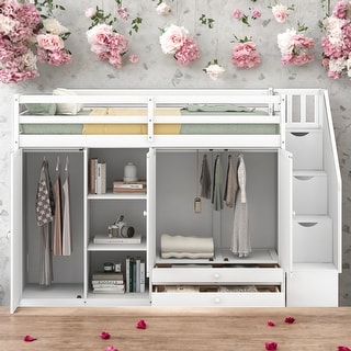 Modern Functional Twin Size Loft Bed With 3 Shelves,2 Wardrobes And 2 Drawers, Ladder With Storage