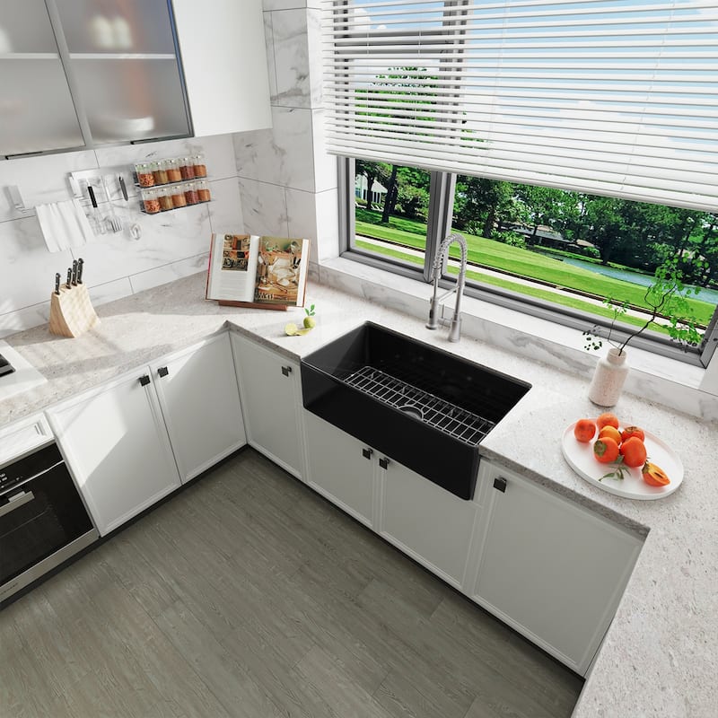 Sinber Farmhouse Apron Single Bowl Kitchen Sink with Fireclay White Finish