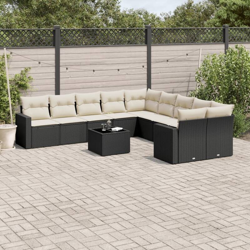 vidaXL Garden Sofa Set Black PE Rattan Large Modular Garden Sofa Set - Black and Cream With table - 21.7 x 21.7 x 14.6 in (W x L x H)