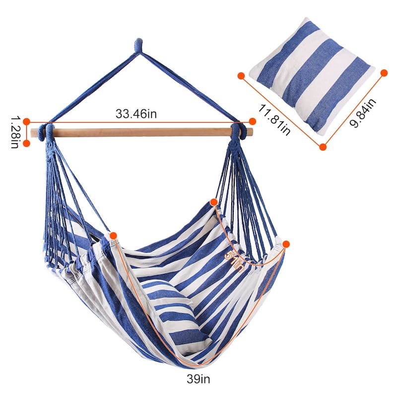 Cotton Canvas Swing Seat Hanging Hammock Chair with Pillows and Wooden Bar for Indoor or Outdoor - 39” x 51”