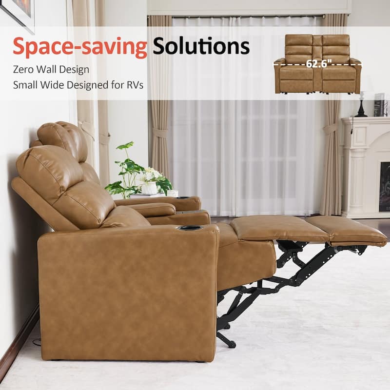 MCombo 62.6'' RV Recliner Loveseat Sofa with Console, Zero Wall Hugger Power Loveseat Recliner with USB Charge Ports, Outlet