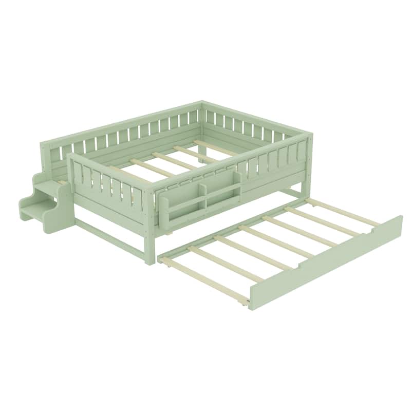 Roomfitters Floor Bed with Bookshelf and Trundle, Low Profile Frame with Step Entry