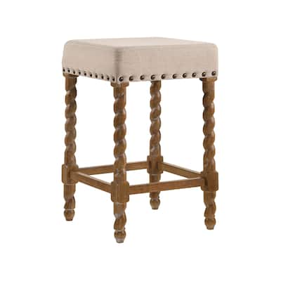 24" Brown Beige Nailhead Trimmed Counter Stool With Barley Twist Legs