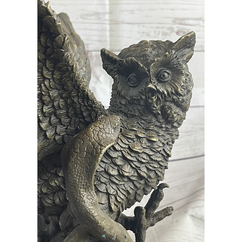 Owl And Imitative Snake Bronze Statue Sculpture On Marble Base 15 Inches X 12 Inches