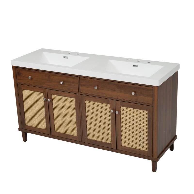 Christopher Knight Home - Bellmere 60" Modern Double Sink Bathroom Vanity with SMC Sink, Soft-Close Storage, and Wood Legs