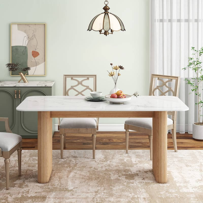 Marble Top Dining Table with Pedestal Grain Wood Base