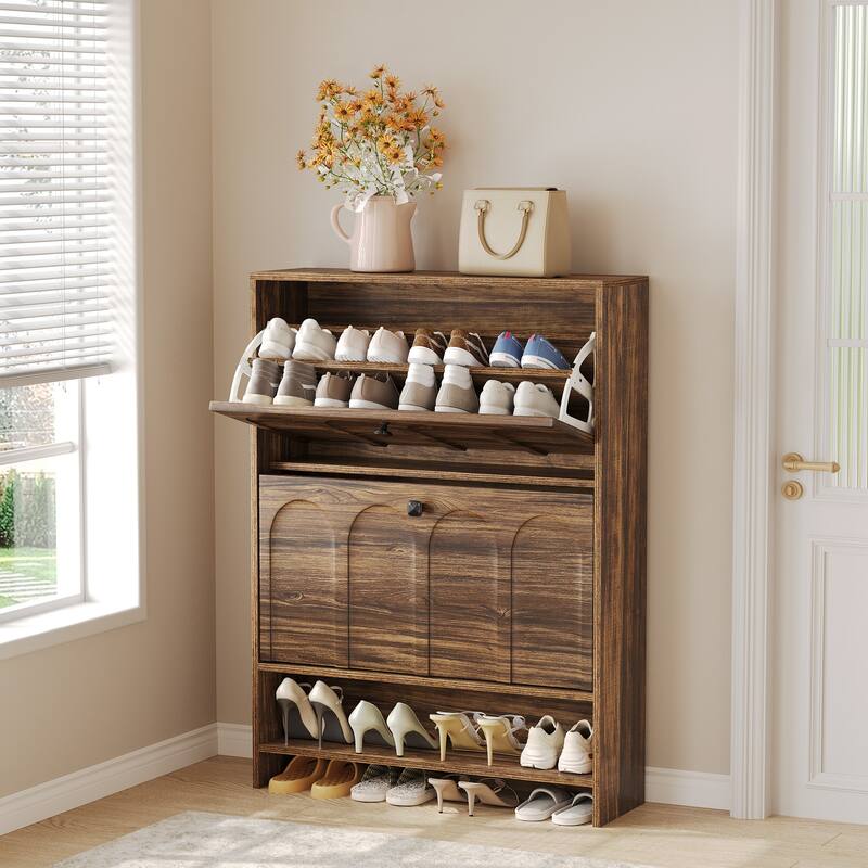 Industrial 2 Flip Drawers Shoe Cabinet with Storage Shelf for Entryway - Brown
