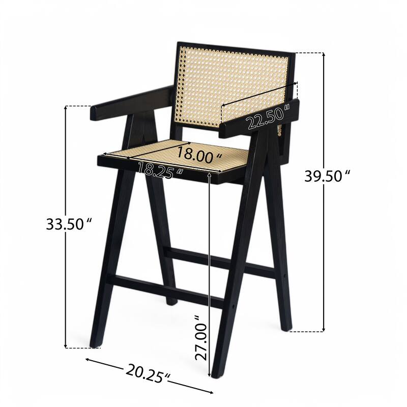 27",Set of 2 Modern Minimalist Bar Stool with Cane Seat, Solid Wood Frame