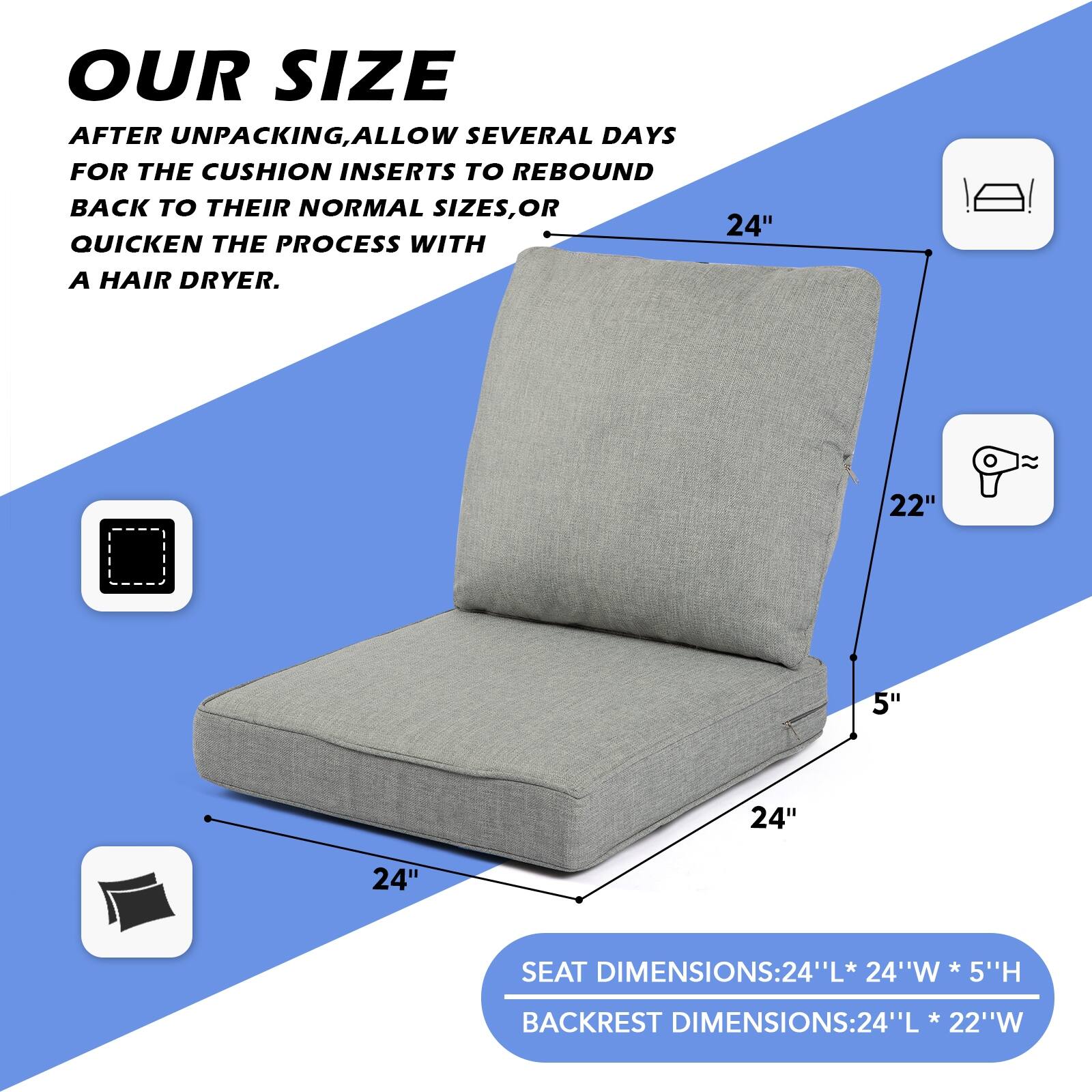 24 x 22 in. 2Piece Deep Seating Outdoor Lounge Chair Cushions On