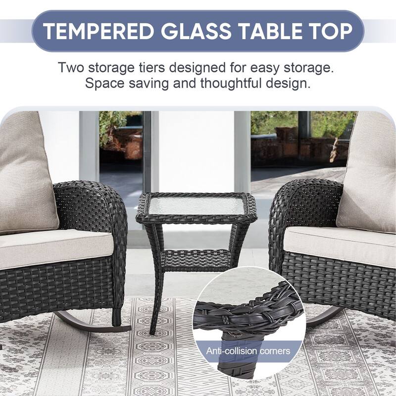 PlainCurve 3-Piece Wicker Outdoor Patio Conversation Set with Rocking Chairs and Olefin Cushions