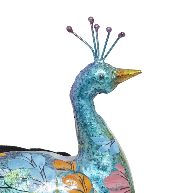 Metal Peacock Indoor Outdoor Decorative Garden Sculpture with Crystal Accents - Teal - Roche River Decor